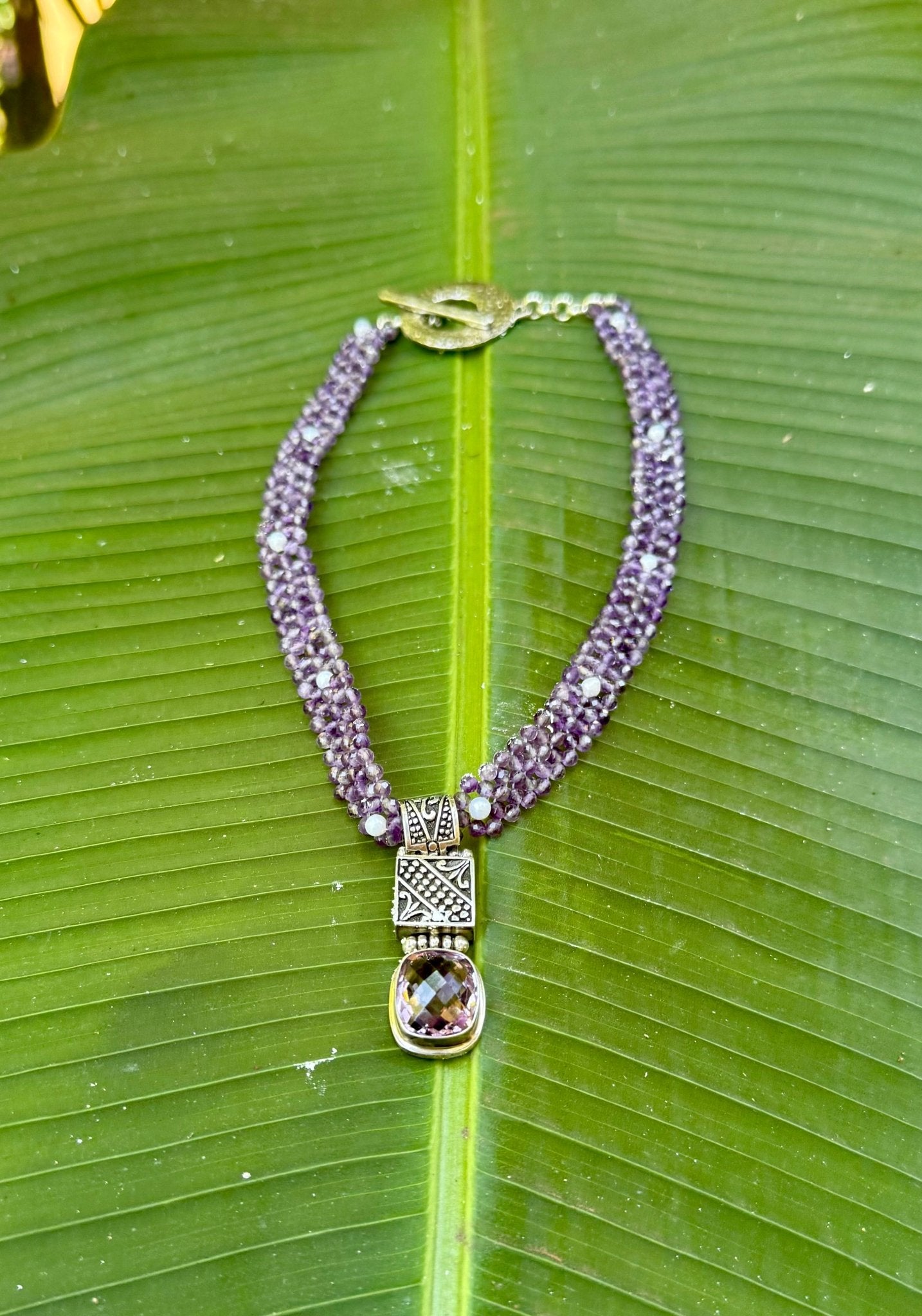 Amethyst Choker with Faceted Pillow - Cut Pendant & Hammered White Bronze Clasp - Carla Ciminera
