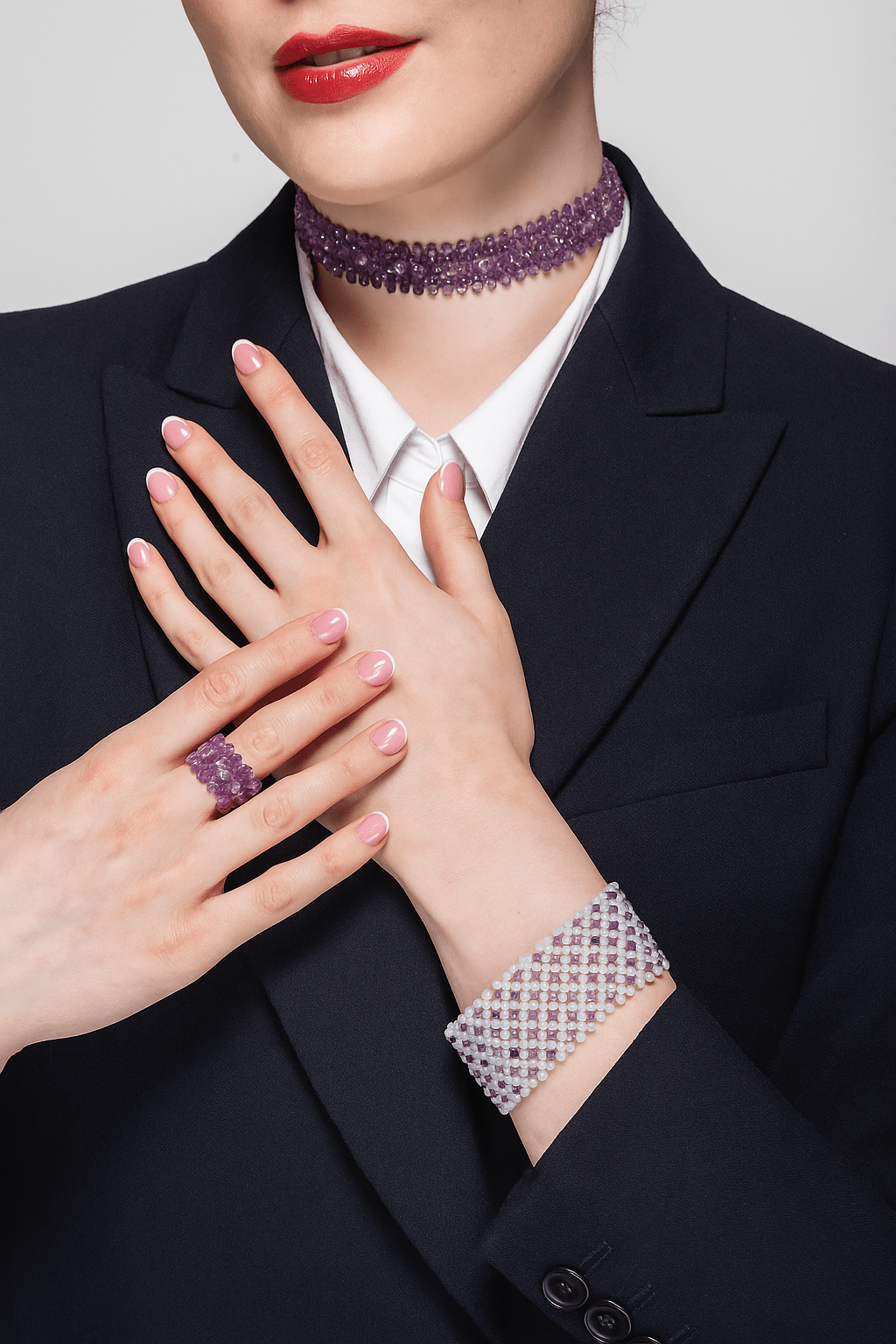 Model wearingAmethyst and Pearl Beaded Choker | Handmade by Carla Ciminera