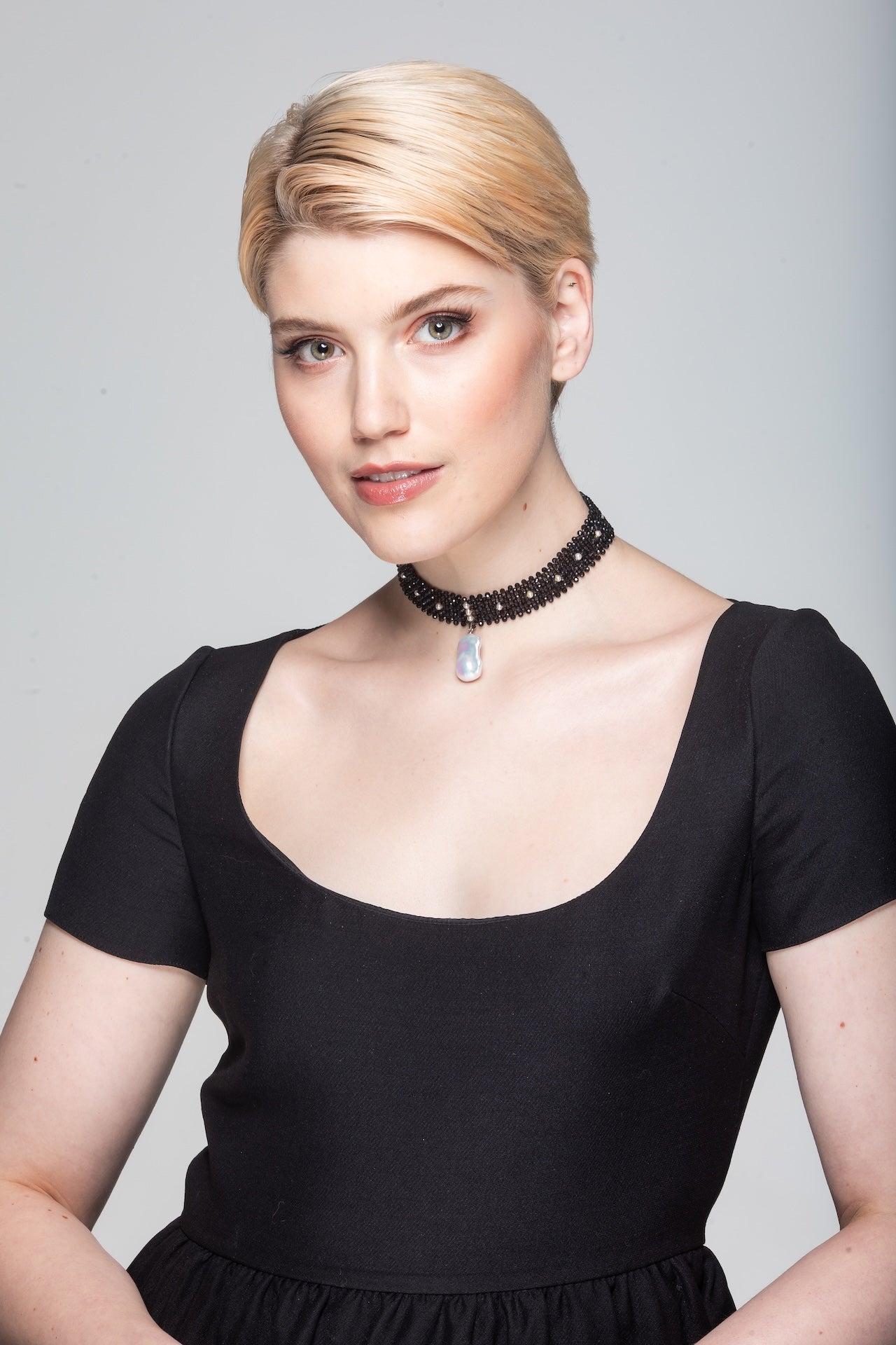 Onyx and pearl Beaded Choker with unique pearl pendant | Handmade by Carla Ciminera