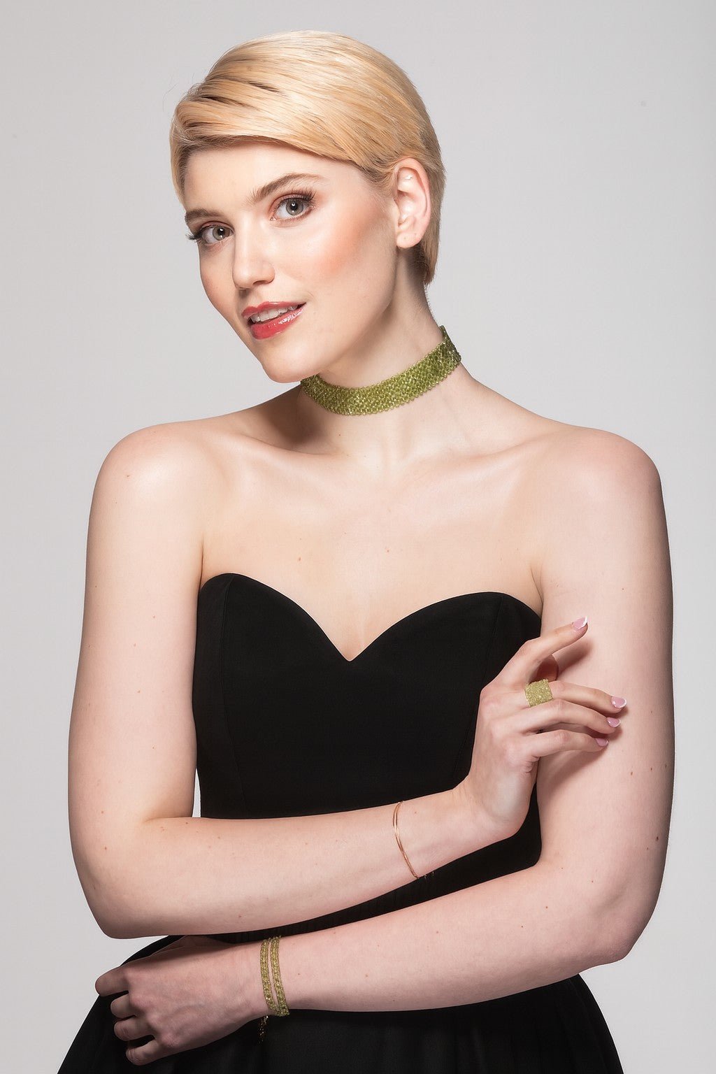 Model wearing ballgown Peridot and pearl Gemstone choker| Handmade by Carla Ciminera