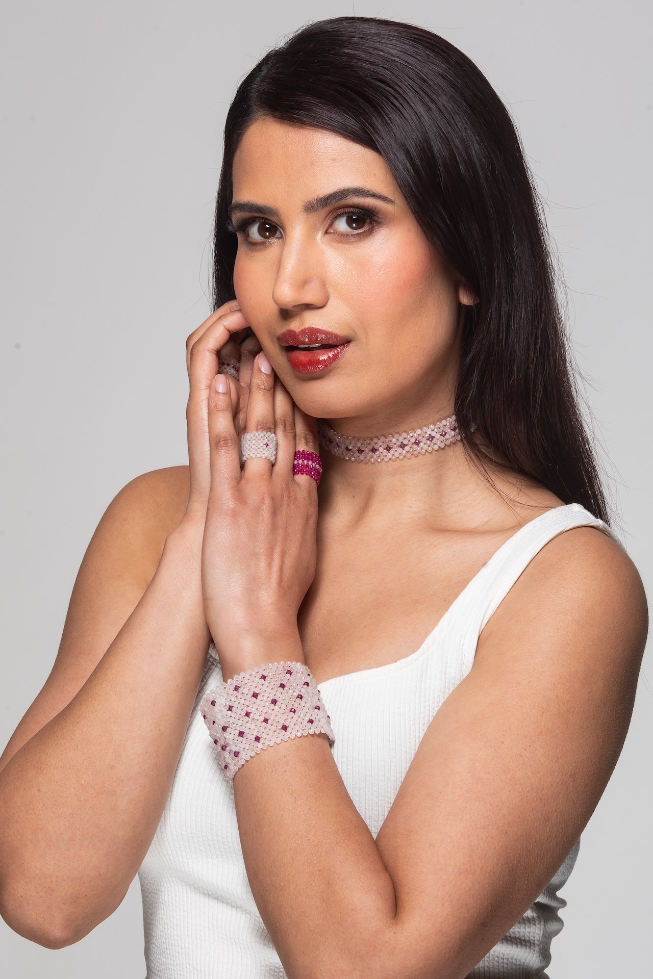 Rose quartz and ruby Dots cuff