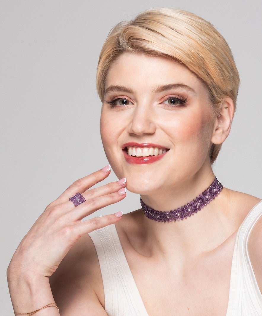 Model wearing Amethyst and aquamarine ring - Carla Ciminera