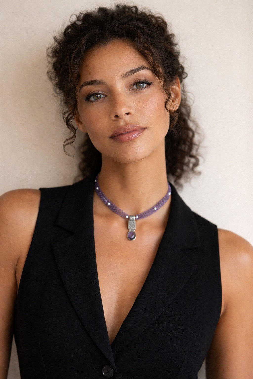 Amethyst Choker with Faceted Pillow - Cut Pendant & Hammered White Bronze Clasp - Carla Ciminera
