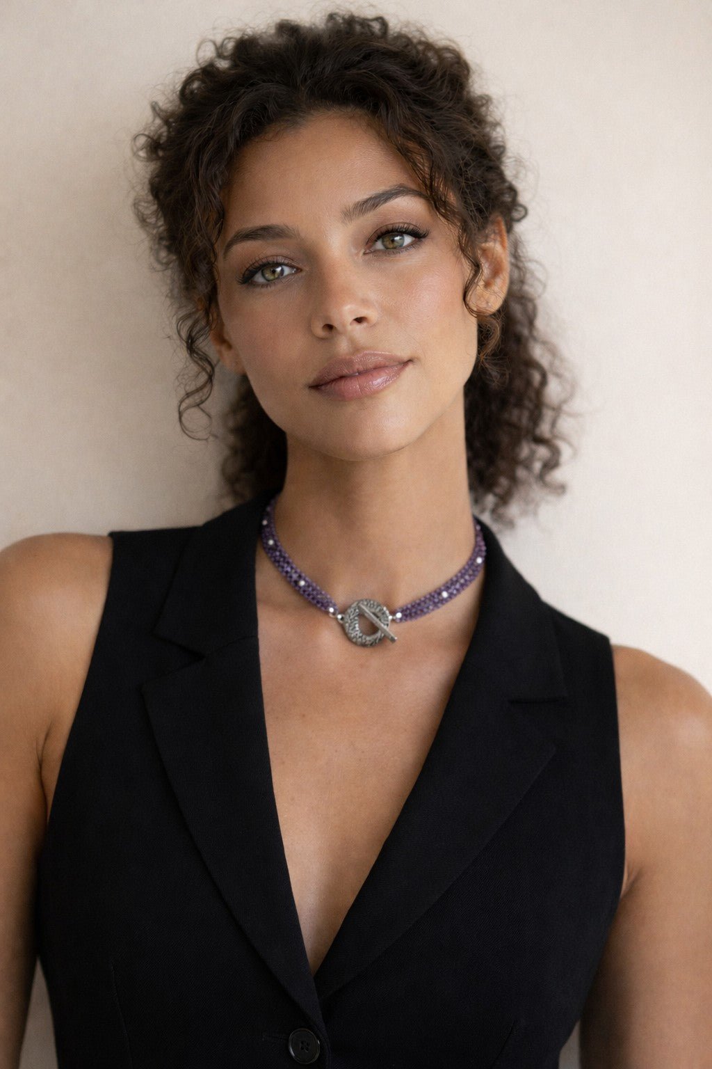 Amethyst Choker with Faceted Pillow - Cut Pendant & Hammered White Bronze Clasp - Carla Ciminera